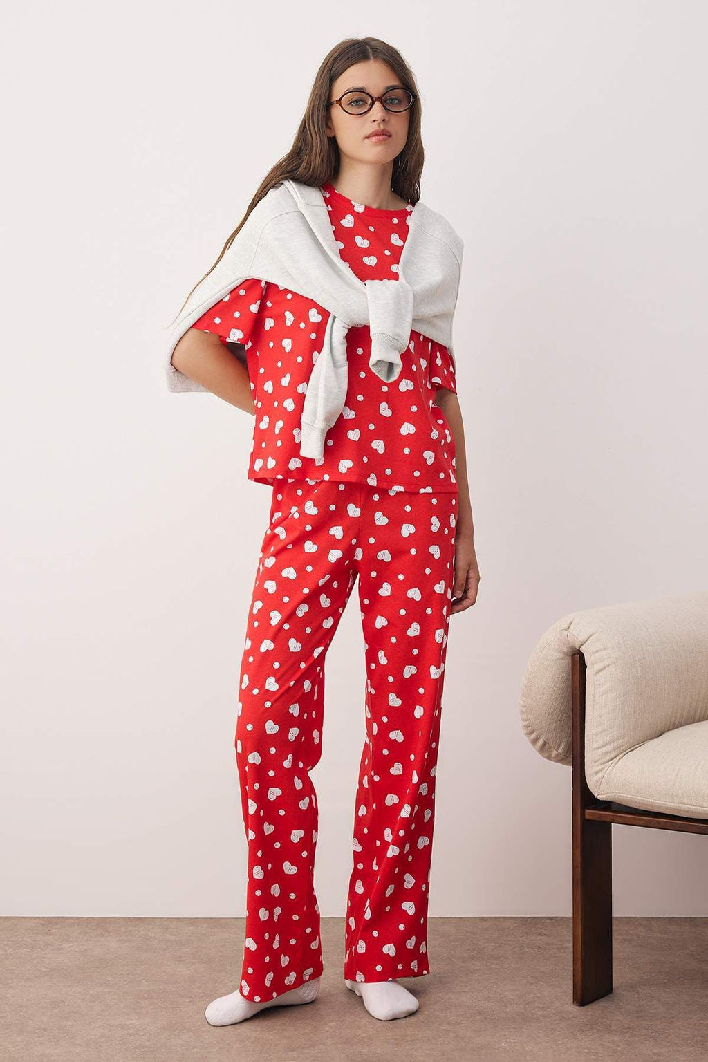 K?rm?z? %100 Pamuklu Kalpli Orme Pijama Tak?m? THMSS24PT00372