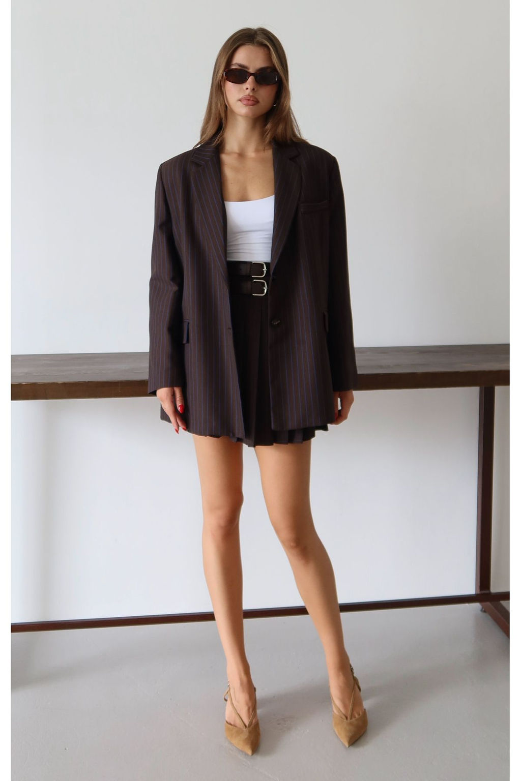 Kahverengi Koyu Mavi Cizgili Oversize Blazer Ceket TWOAW26BC00025 - Trendyolmilla фото 2