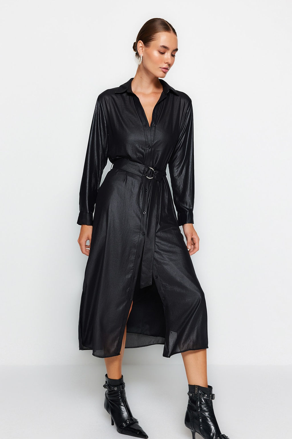 Trendyolmilla Siyah Kemerli Maxi Dokuma K?sl?k Gomlek Elbise TWOAW24EL00325  фото 4
