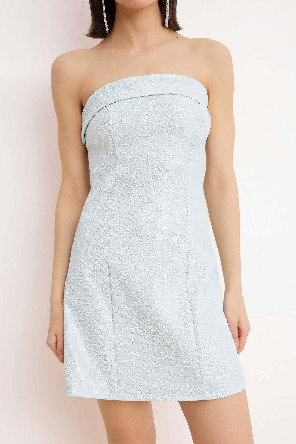 Ac?k Mavi Dokulu Dokuma Jakar K?sa / Mini Astars?z Elbise