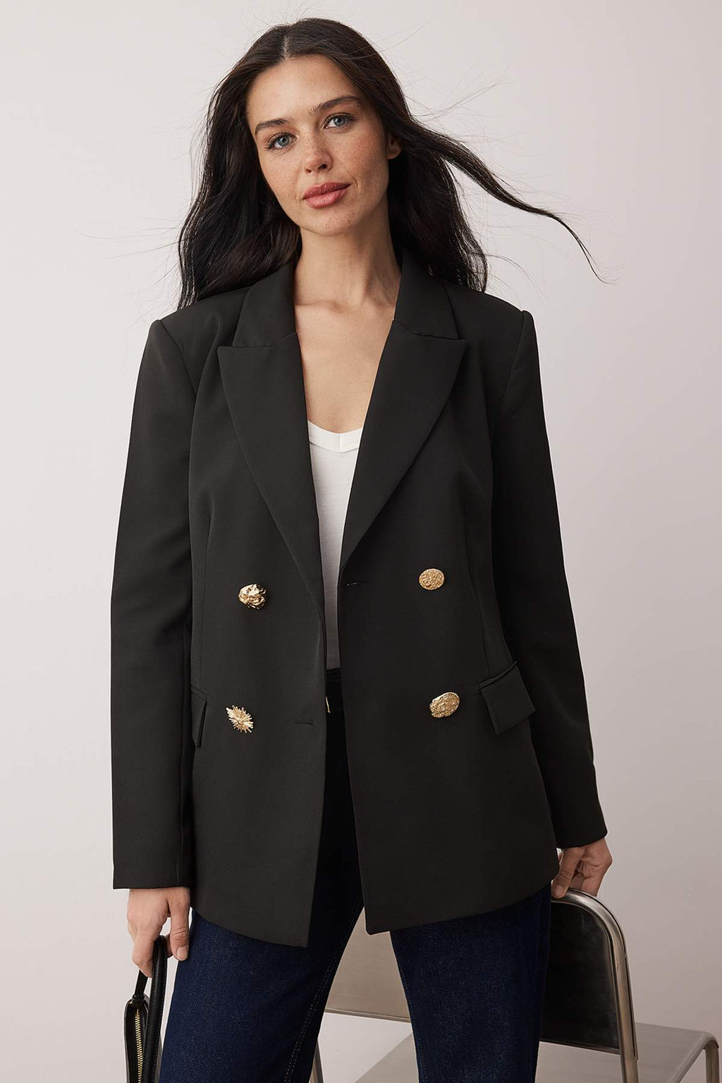 Siyah Aksesuar Dugmeli Dokuma Kruvaze Kapama Blazer Ceket TWOAW26BC00065 - Trendyolmilla фото 2