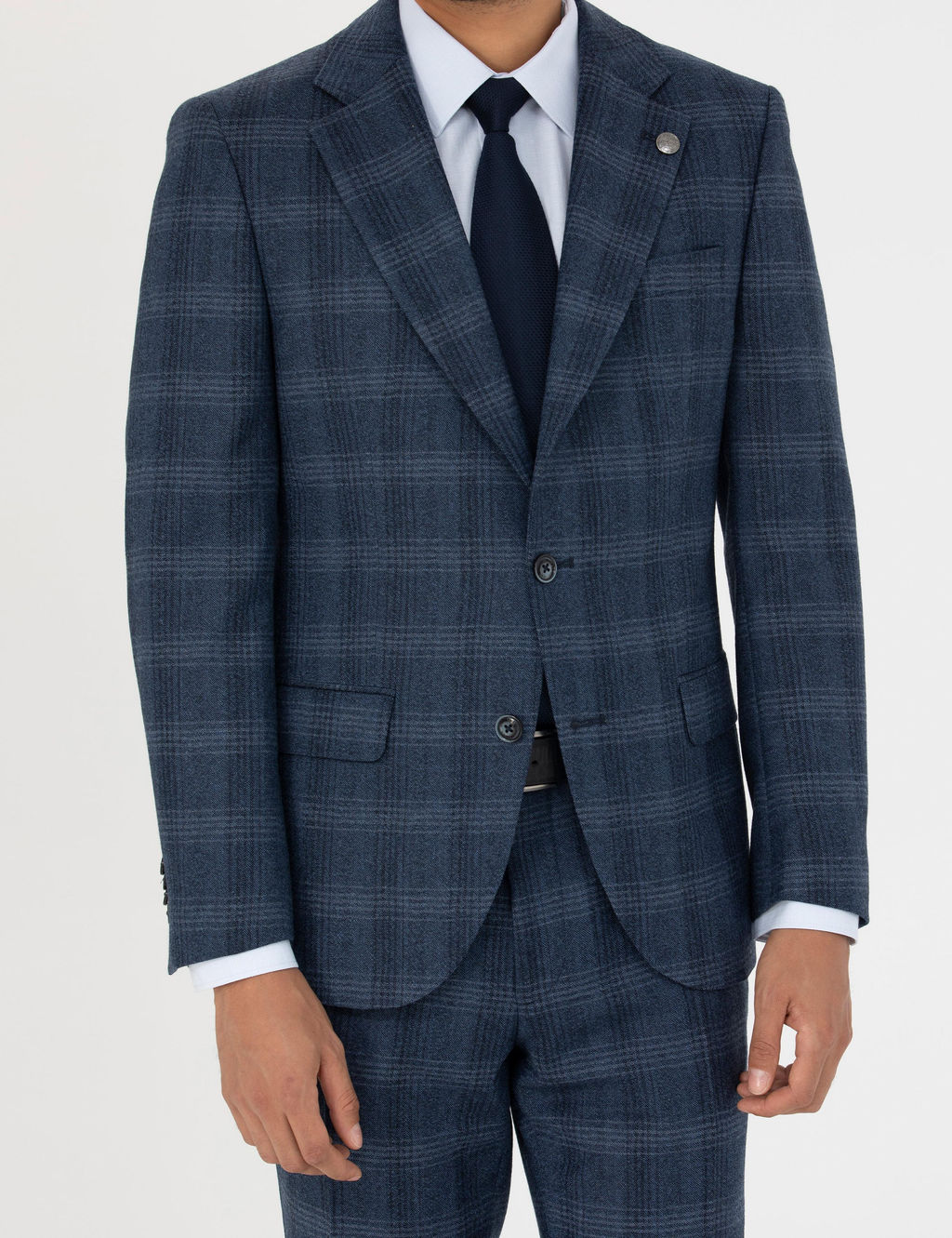 %100 Y_n Ekose Lacivert Ekstra Slim Fit Tak_m Elbise