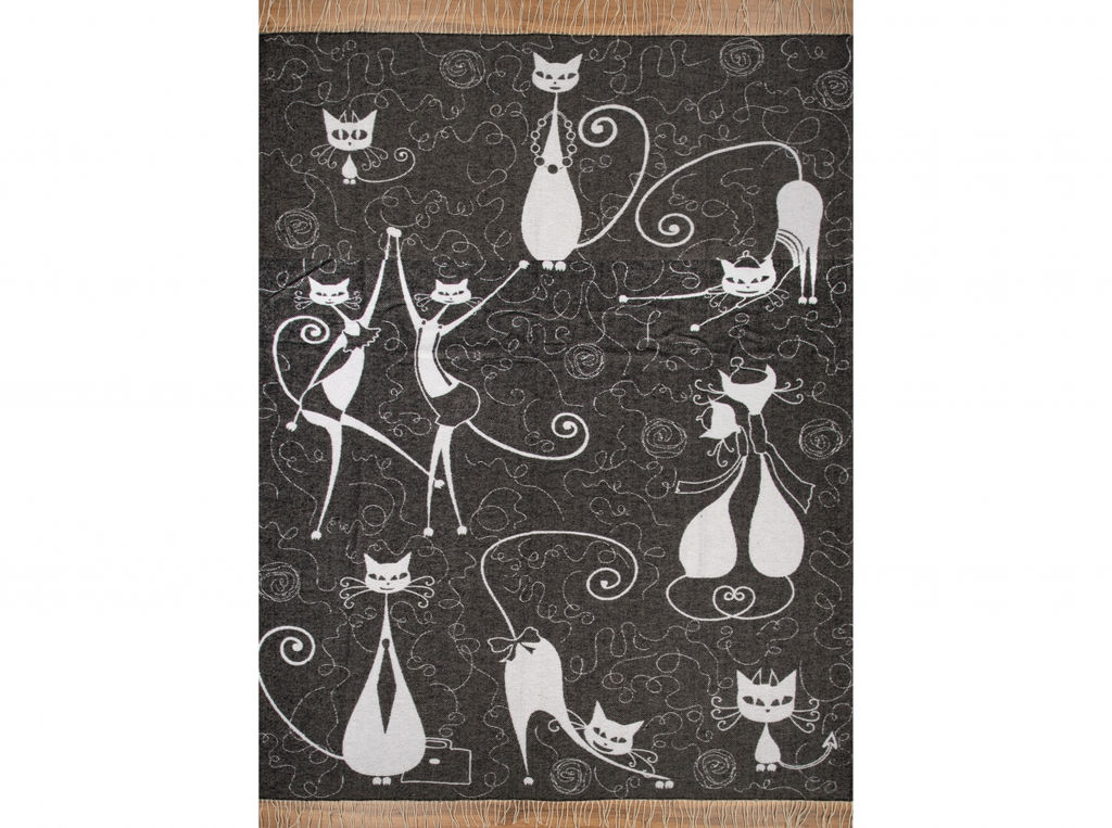 Плед хлопковый 170*200 жаккард "Кошки" цв. 9 черн. с белым