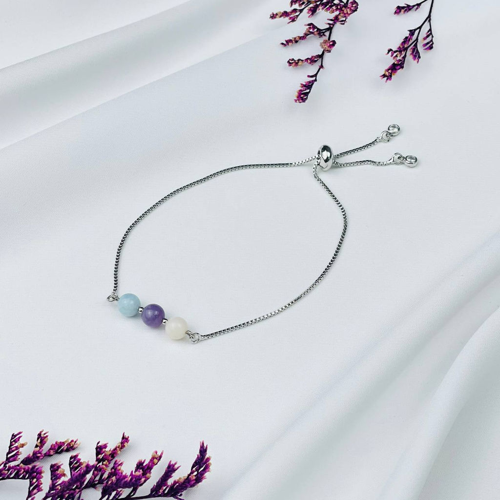 Браслет регулируемый для "Рака" из Аметиста, Аквамарина и Опала от 16 см