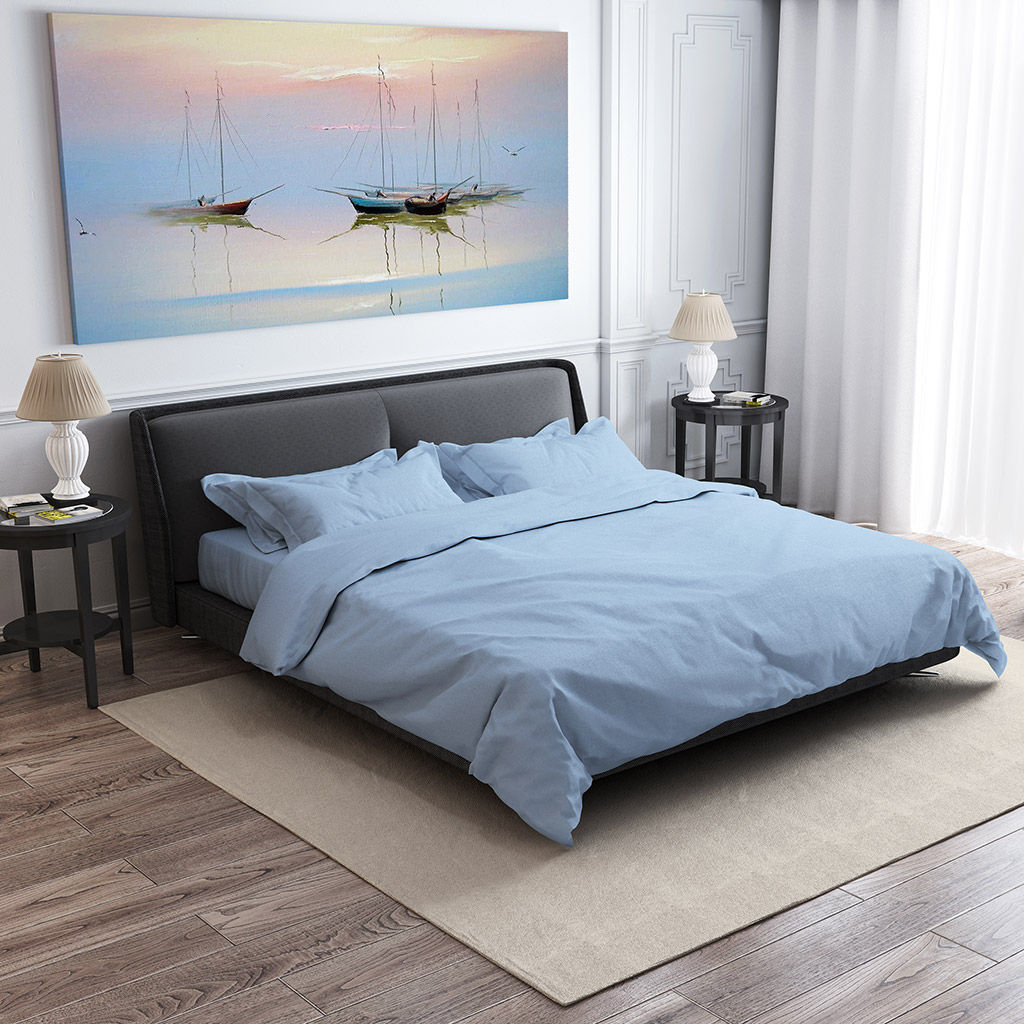 Постельное белье, комплект 2-х спальный "Голубой", 4 предмета: пододеяльник 175х215см, евро-простыня 220х240см, 2 наволочки 70х70см с клапаном-запахом, микрофибра 80г/м2, полиэстер 100%, упаковка "классическая" ПВХ 32х41см, "Домашняя мода" (Россия)