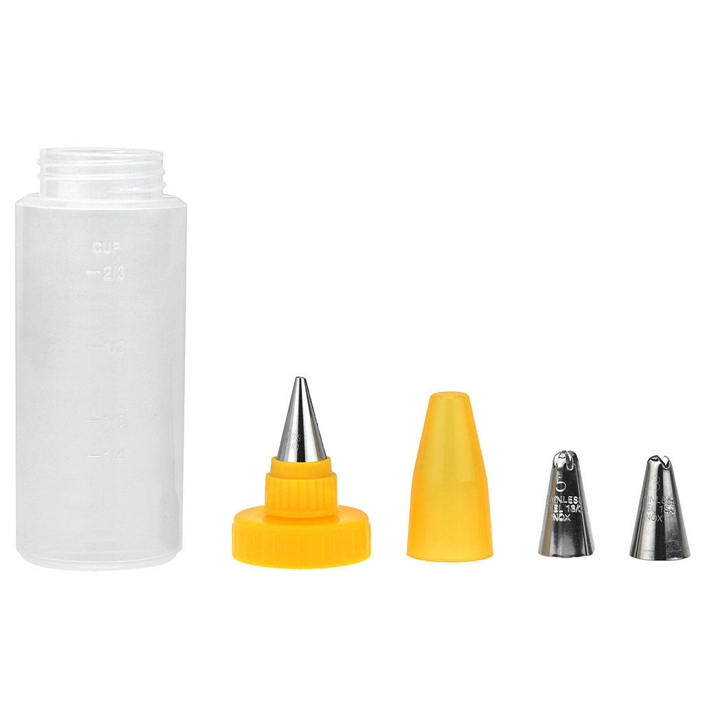 Кондитерский шприц-бутылка пластмассовый Десерт 200мл 13,7х5х5см, насадка нерж. для крема - 3 штуки, с колпачком, в блистере (Китай) - Домашняя мода фото 2