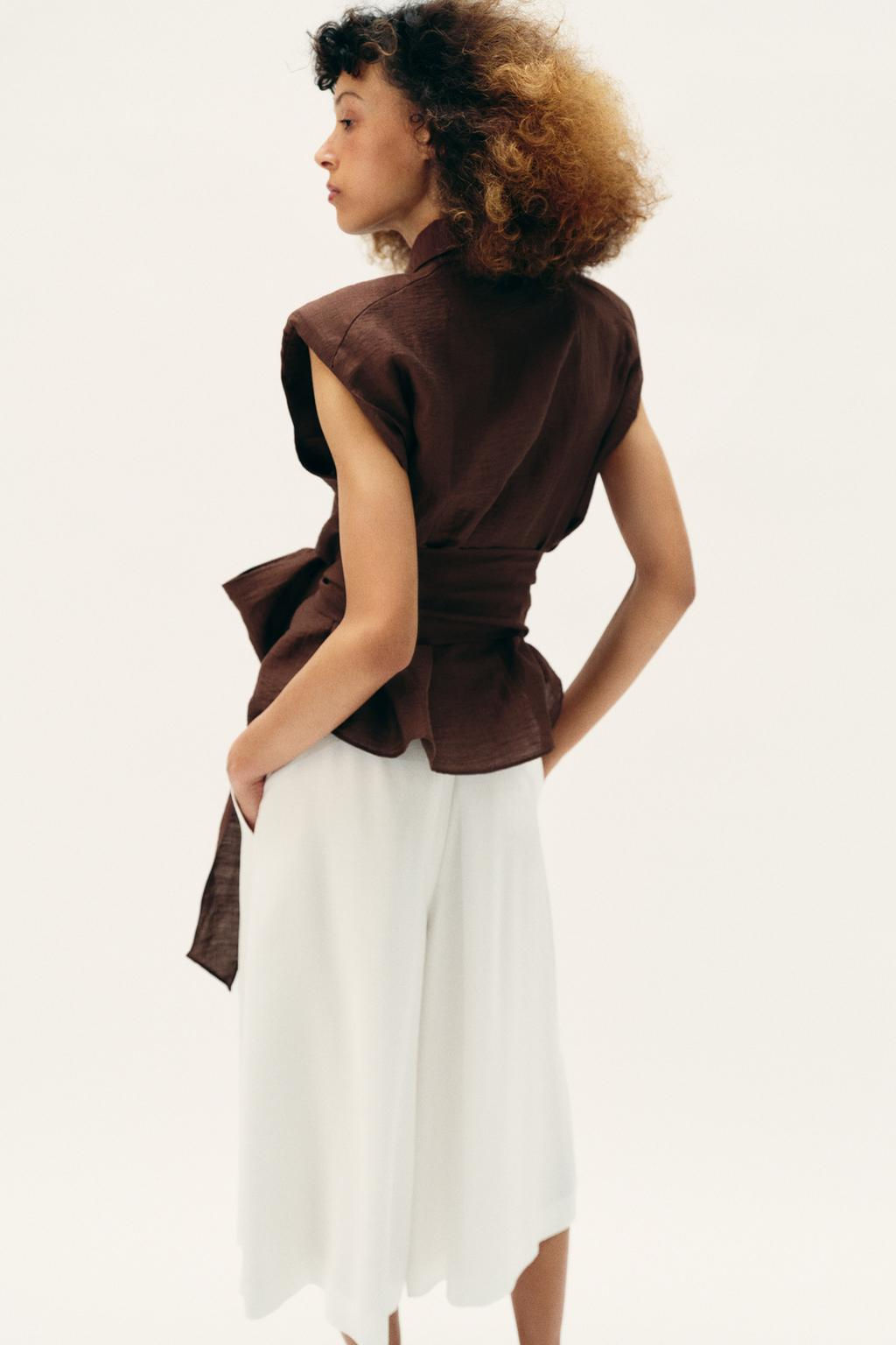 LINEN BLEND SHOULDER PAD TOP WITH BELT - Zara фото 6