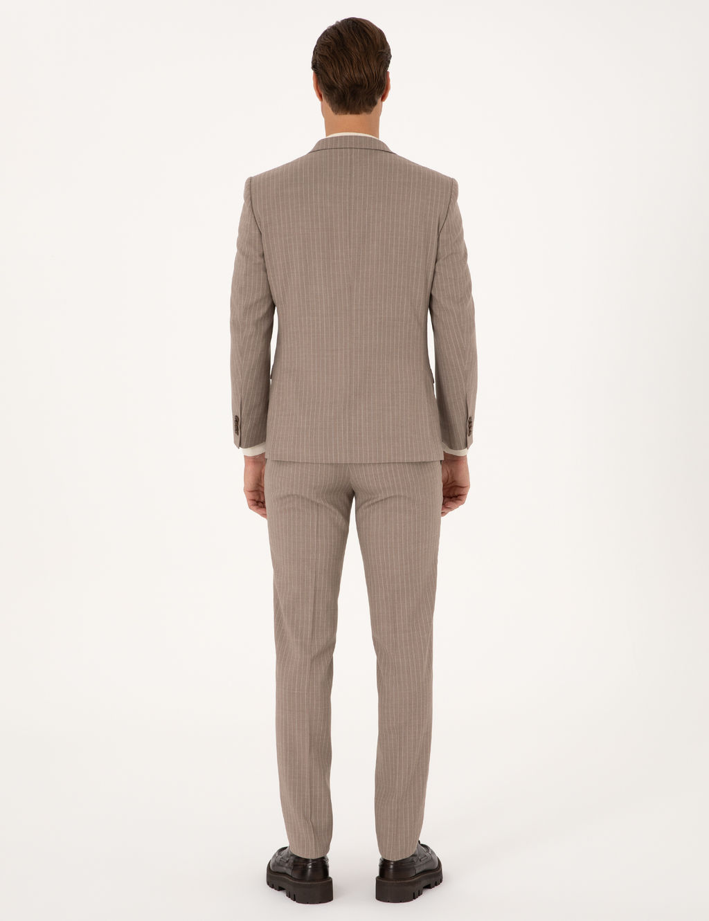Bej Extra Slim Fit Y_n Kar___ml_ _izgili Tak_m Elbise