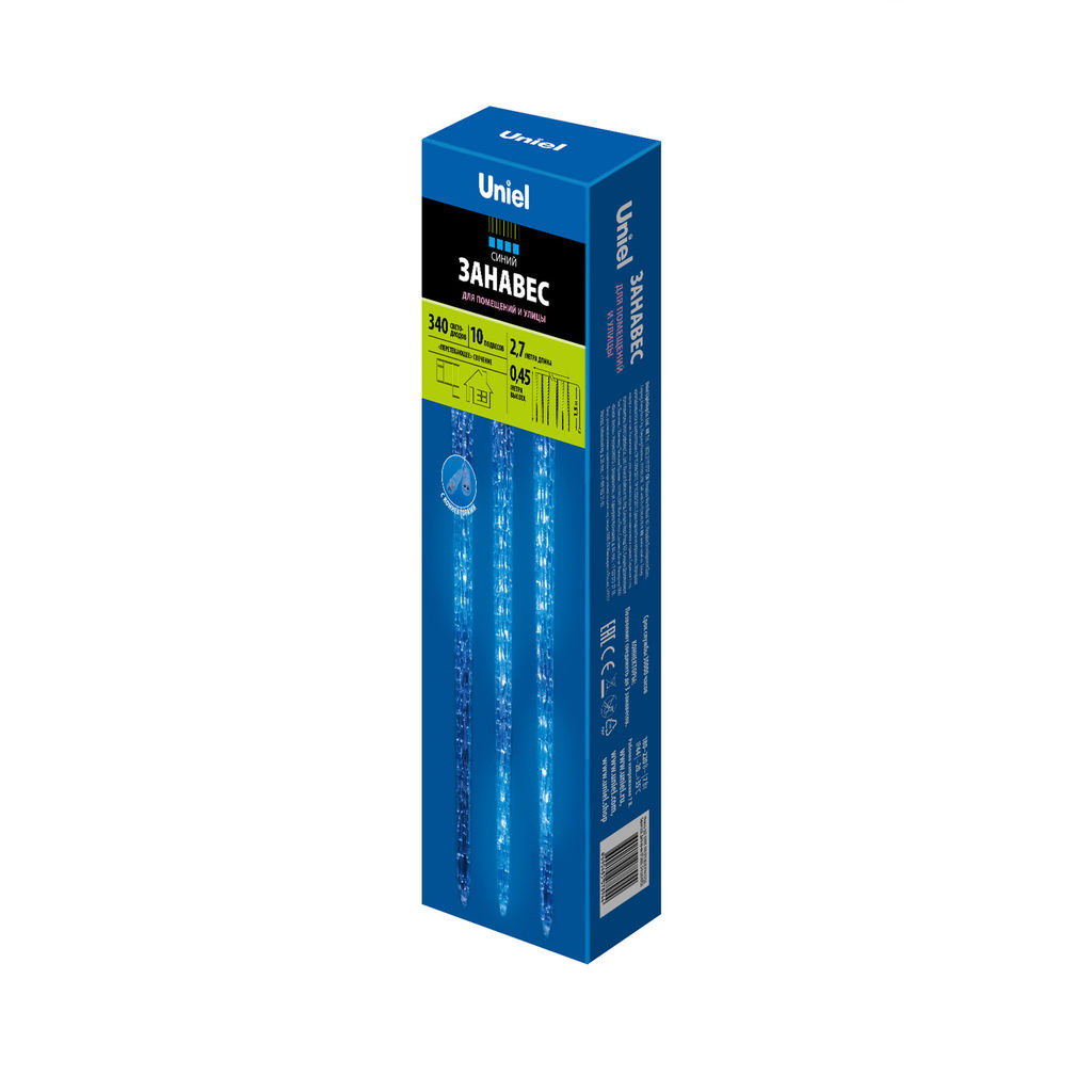 ULD-E3005-300/DTK BLUE IP44 ICICLE Занавес светодиодный фигурный Сосульки, соединяемый, 2,7х0,42м. 10 подвесов. Синий свет. Провод прозрачный. TM Uniel. - Volpe фото 9