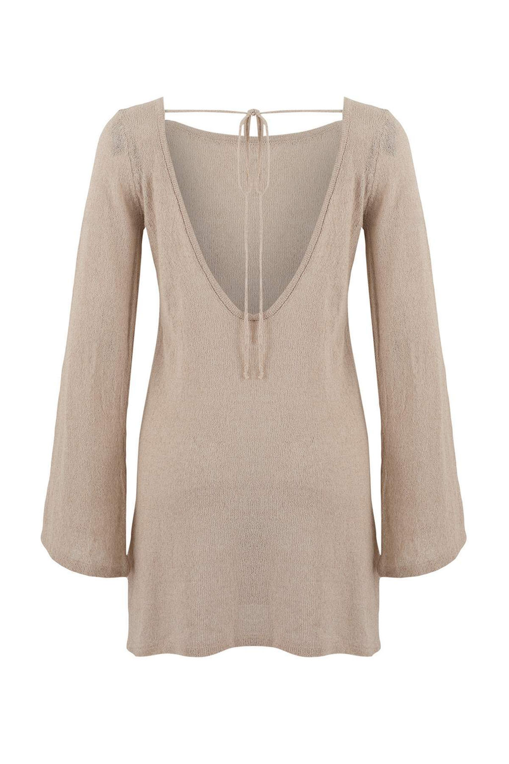 Bej Triko S?rt Detayl? Super Mini Plaj Elbisesi TBESS26EL00008