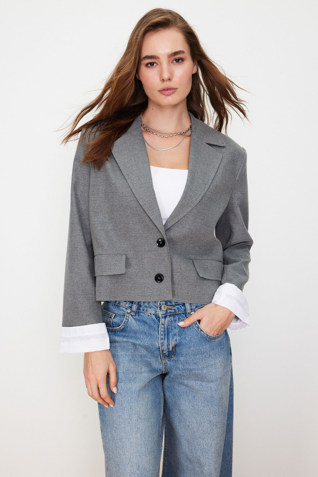 TRENDYOLMILLA Antrasit Kolu Manset Detayl? Dokuma Blazer Ceket TWOSS24BC00015  фото 4