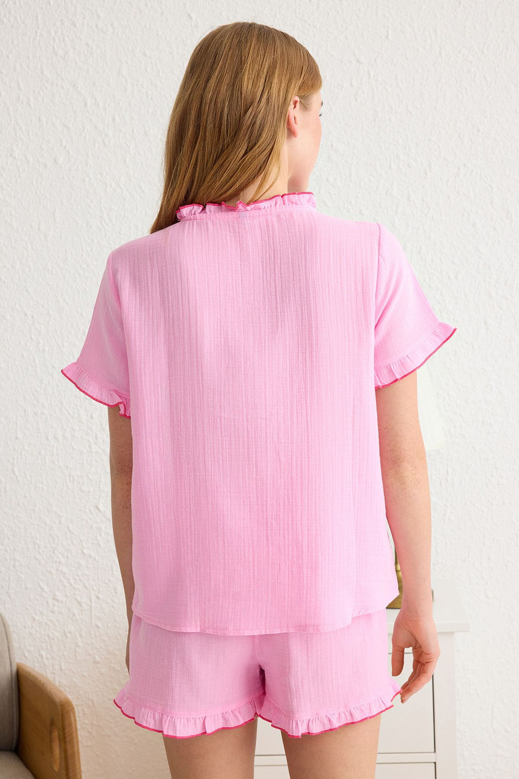 Trendyolmilla Ac?k Pembe %100 Pamuklu F?rf?rl? Muslin Sortlu Dokuma Pijama Tak?m? THMSS25PT00047 фото 5