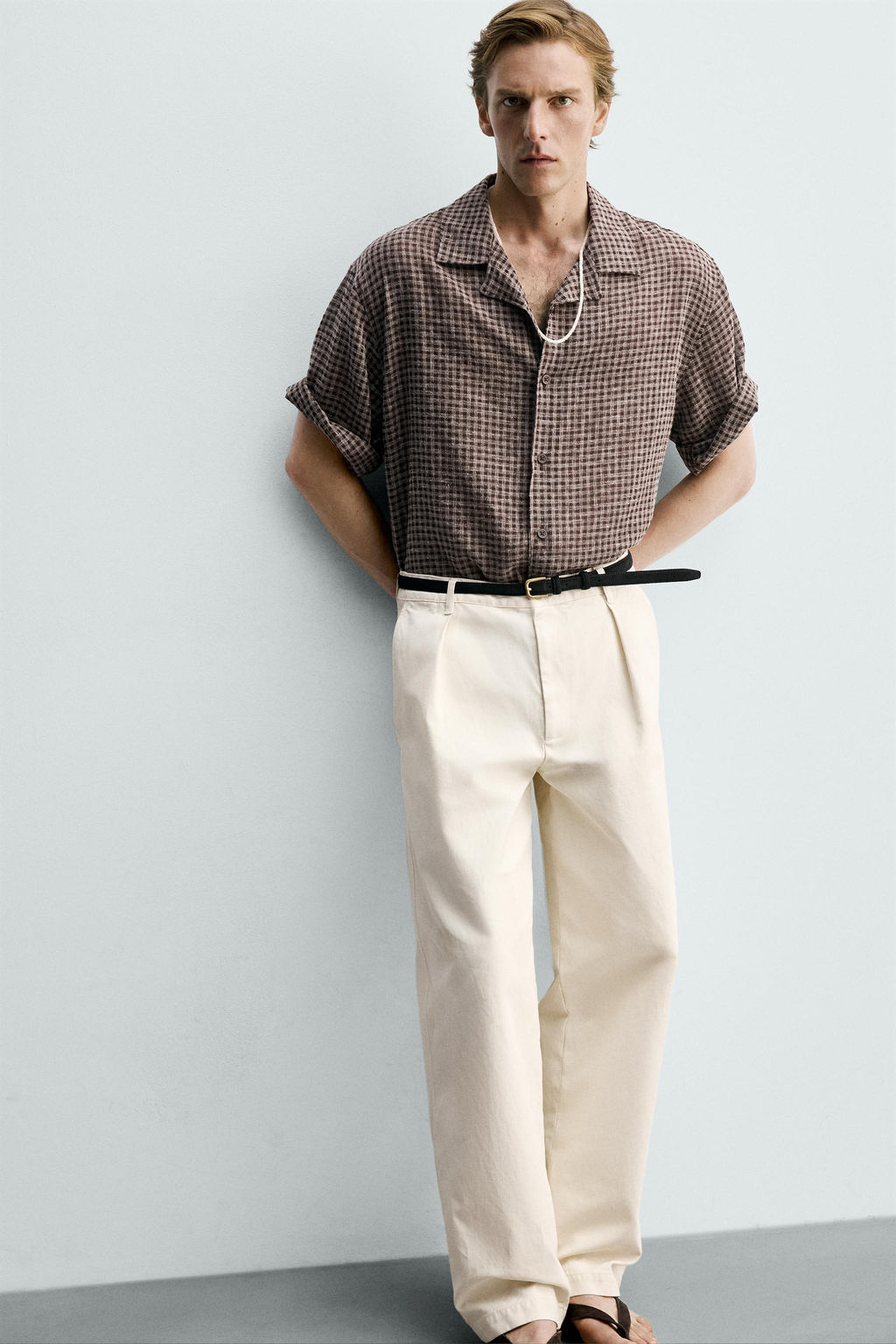 Рубашка Zara Relaxed Fit Jacquard Cuadros коричневая