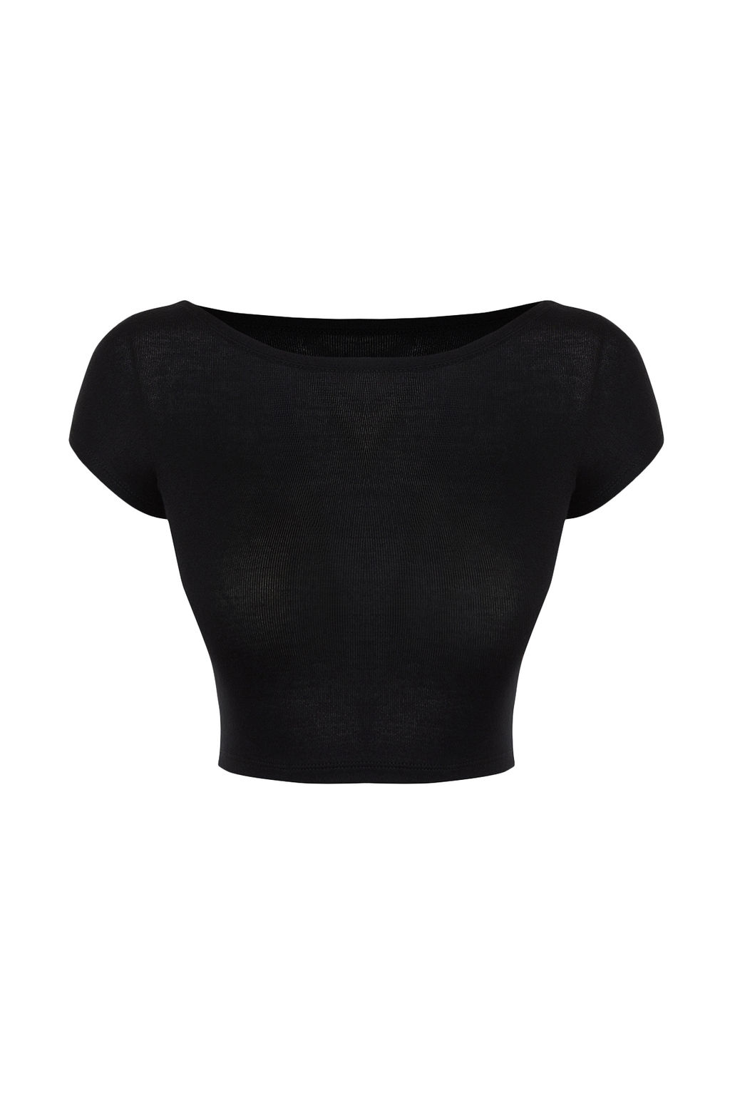 Siyah Bisiklet Yaka Ay Kol Fitted/Vucuda Oturan Crop Orme Bluz TWOSS24BZ00446