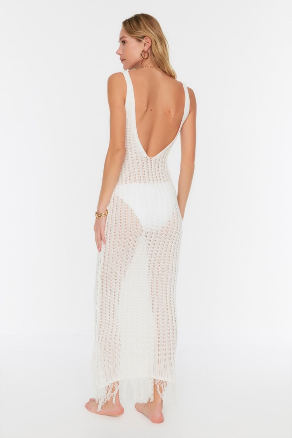 Ekru Orme S?rt Dekolteli Plaj Midi Elbise TBESS22EL2920