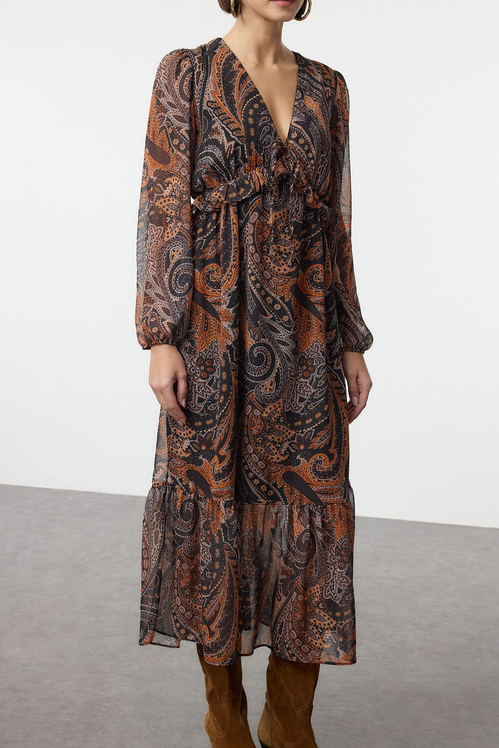 Trendyolmilla Siyah F?rf?rl? Midi Astarl? Sifon Midi Dokuma Elbise TWOAW25EL00336  фото 4