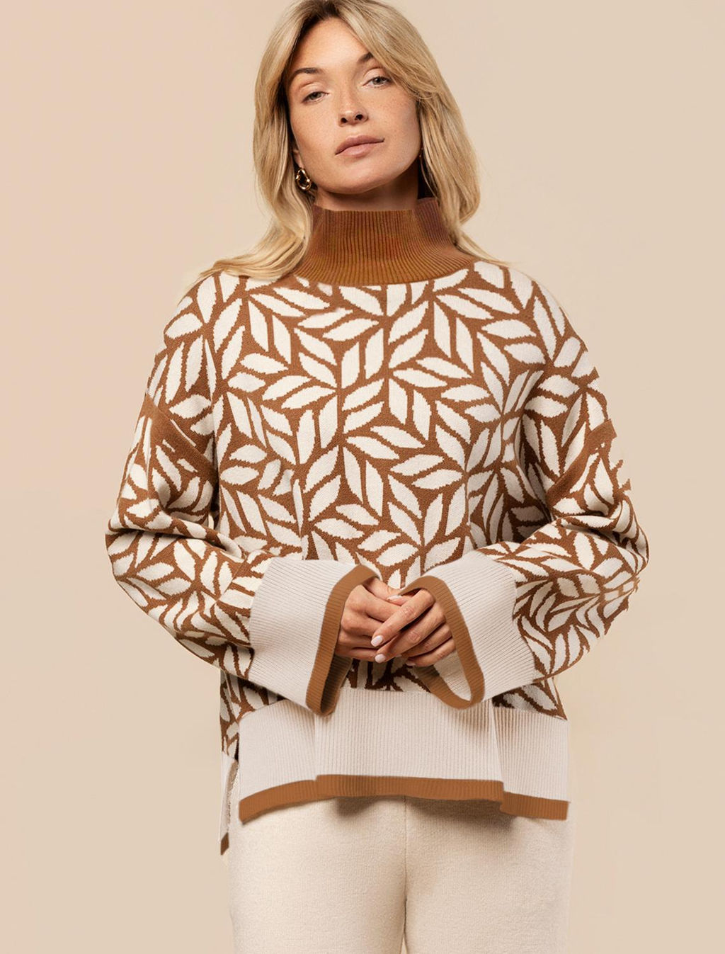 VILATTE / Свитер с боковыми разрезами двуслойной жаккардовой вязки с кашемиром  фото 5