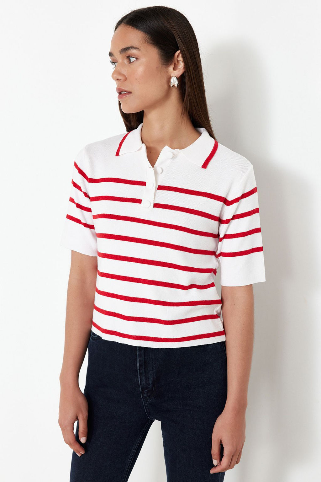 Ekru Premium Kalite Polo Yaka Cizgili Triko Kazak TWOSS24KZ00048 - Trendyolmilla фото 11