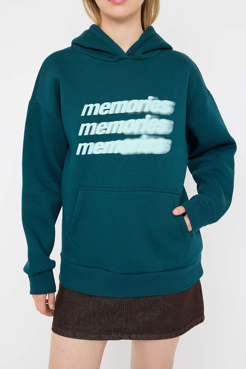 Petrol Teen Oversize/Genis Kal?p Slogan Bask?l? Kal?n Ici Polarl? Orme Sweatshirt TWOAW26SW00125 - Trendyolmilla фото 4