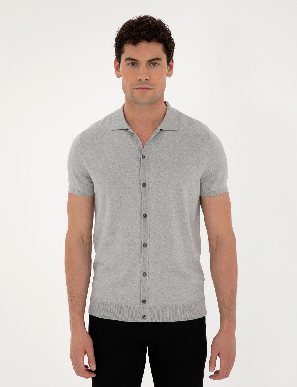 A__k Gri Slim Fit D__meli Polo Yaka Keten Kar___ml_ Triko Ti__rt