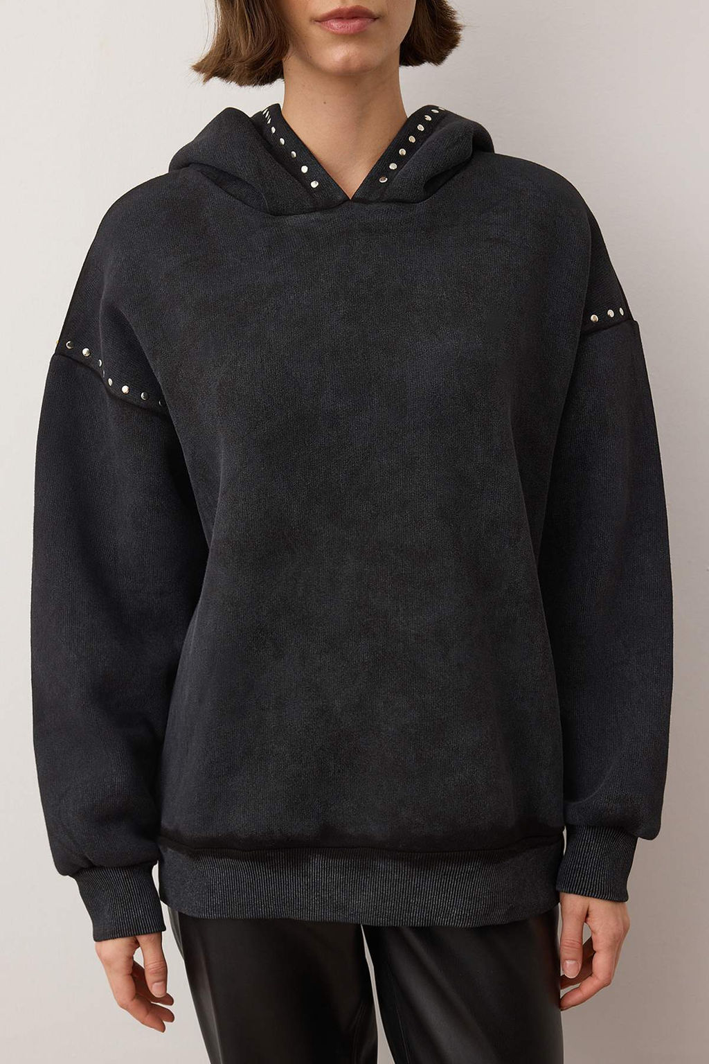 Antrasit Oversize Troklu ve Y?kamal? Kal?n Ici Polarl? Orme Sweatshirt TWOAW26SW00239 - Trendyolmilla фото 3