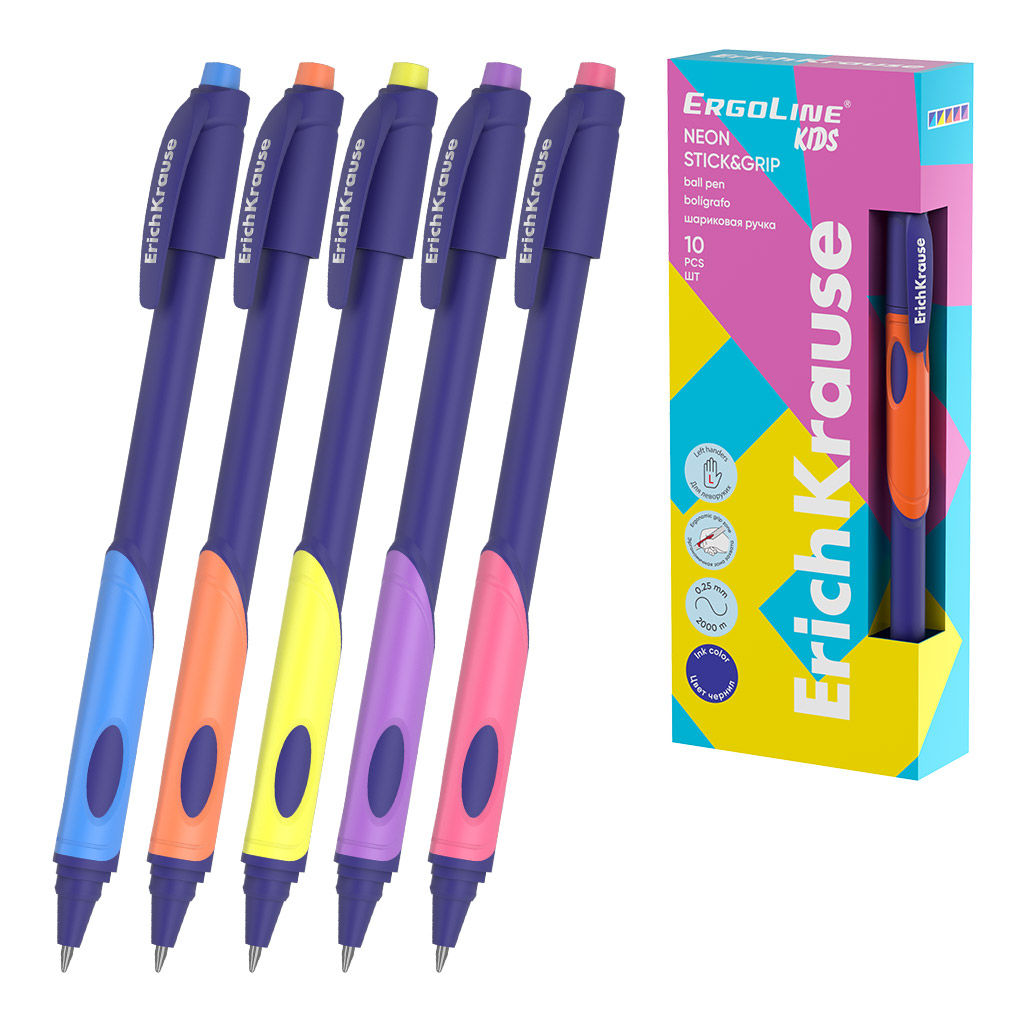 Цена за 10 шт. Ручка шариковая ErichKrause ErgoLine® Kids для левшей Stick&Grip Neon 0.5, Super Glide Technology, цвет чернил синий (в коробке по 10 шт.)