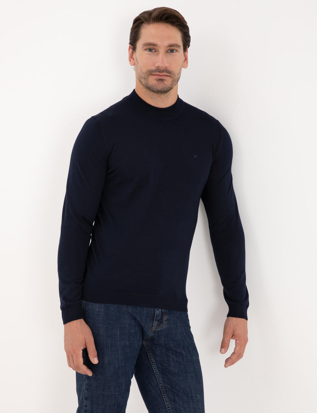 Lacivert Slim Fit Y_n Kar___ml_ _eyrek Bal_k__ Yaka Basic Triko Kazak - Cacharel фото 3