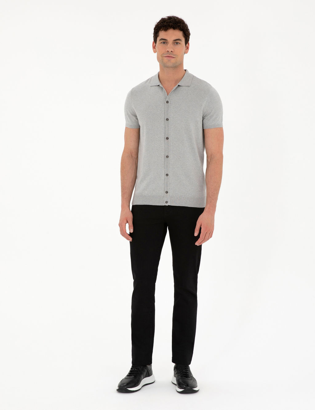 A__k Gri Slim Fit D__meli Polo Yaka Keten Kar___ml_ Triko Ti__rt