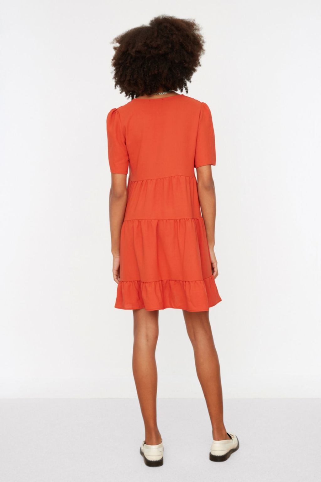 Kiremit Genis Kesim V Yaka Mini Dokuma Elbise TWOSS20EL0400