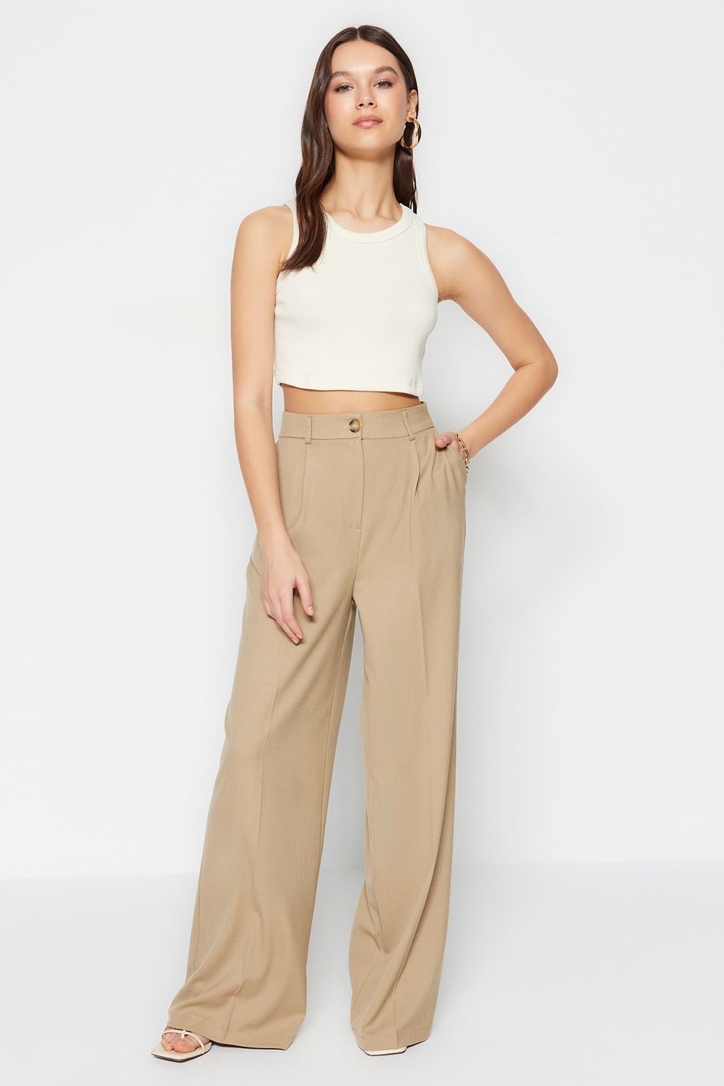 TRENDYOLMILLA Haki Utu Izli Wide Leg/Genis Paca Dokuma Kumas Pantolon TWOSS23PL00326  фото 2