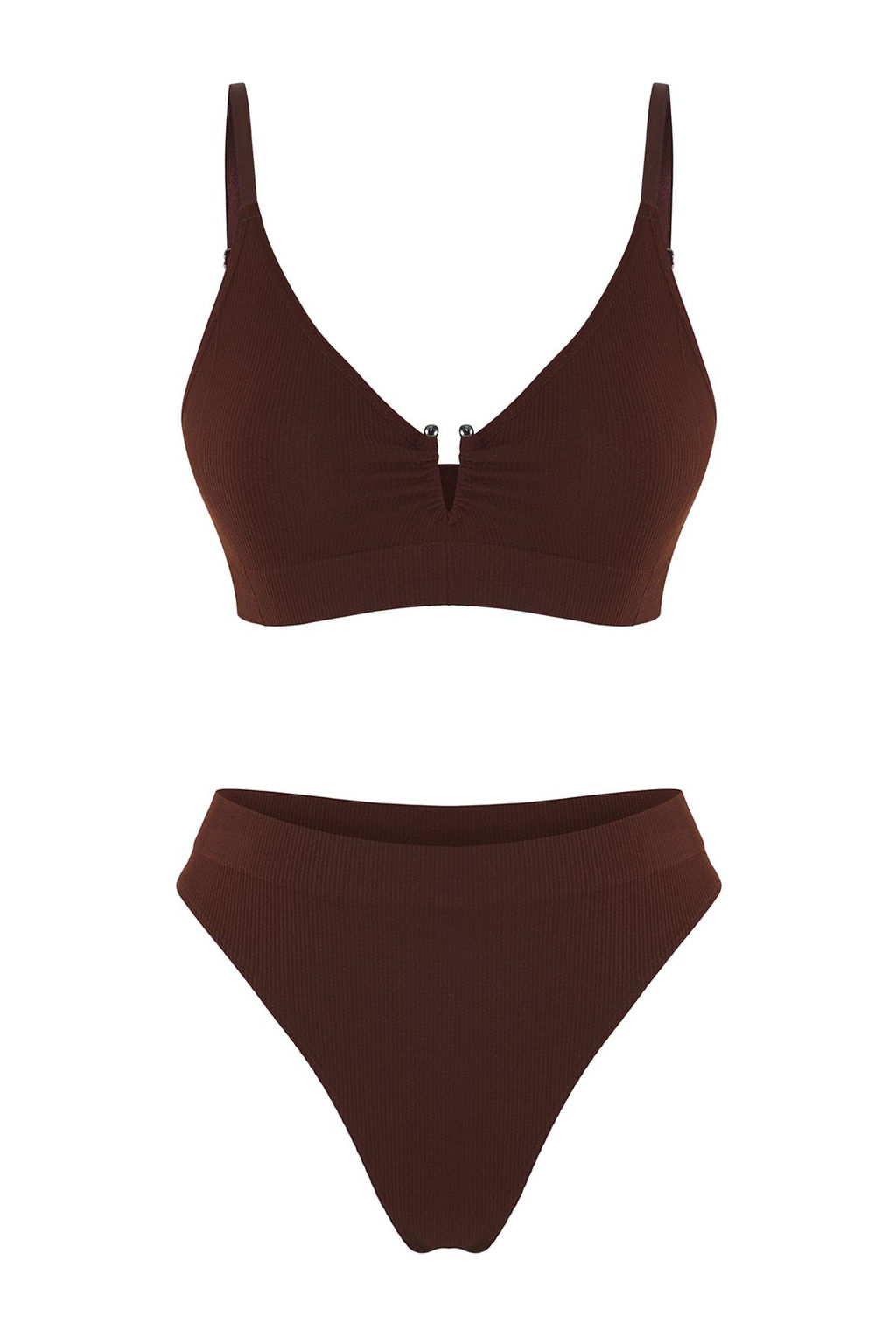 TRENDYOLMILLA Kahverengi Seamless/Dikissiz Aksesuarl? ve Ip Ask?l? Kaps?z Orme Ic Camas?r? Tak?m? THMSS25CC00000  фото 5