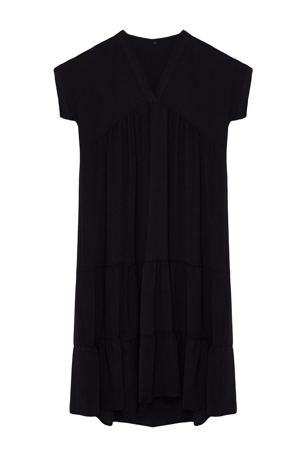 Siyah Duz Genis Kesim V Yaka Etegi Volanl? Aerobin Dokuma Elbise TWOSS24EL01031