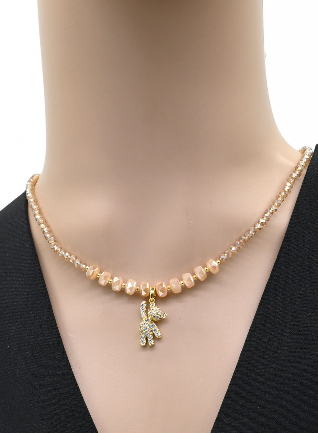 Чокер из циркона с подвеской Мишка рондель 3*2мм цв.шампань, 39см