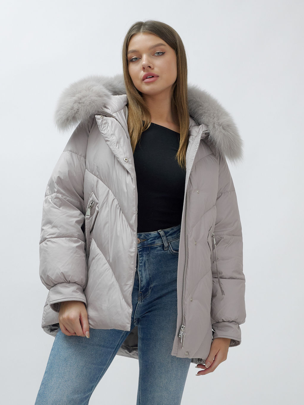 Полупальто женское зимние с мехом песец люкс класса серого цвета 6227Sr - Mtforce фото 20