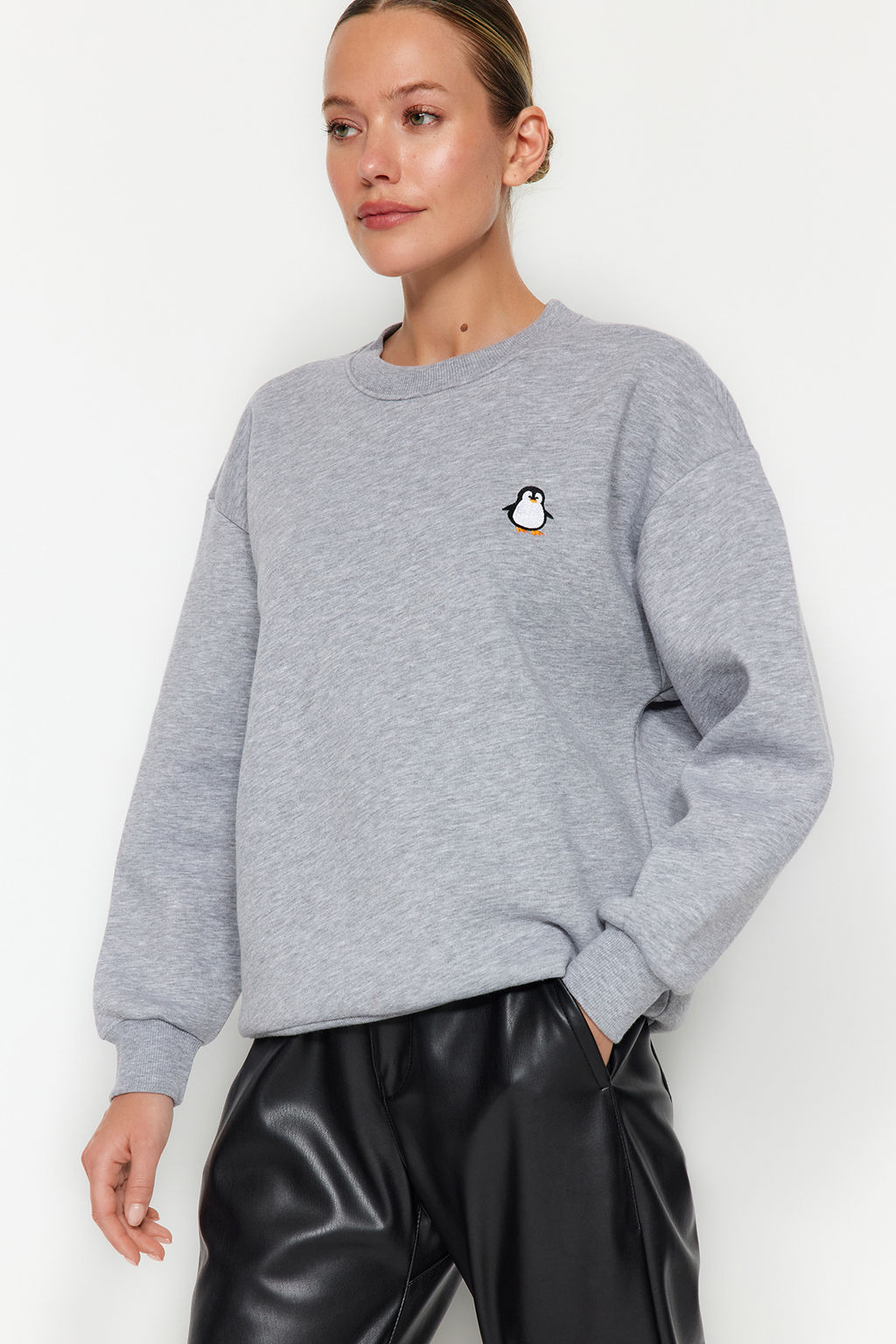 Gri Animal Nak?sl? Regular/Normal Kal?p Kal?n Ici Polarl? Orme Sweatshirt TWOAW24SW00196