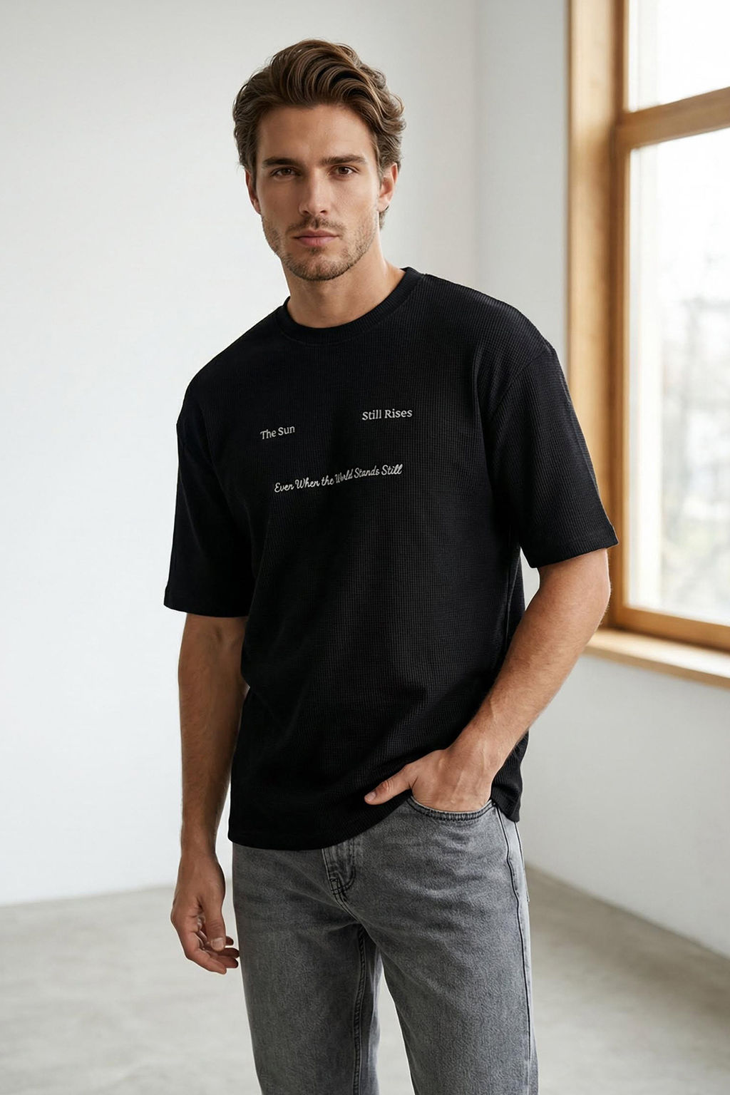 TRENDYOL MAN Siyah Oversize/Genis Kesim Nak?sl? Dokulu T-Shirt TMNSS25TS00129 - Trendyolmilla фото 12