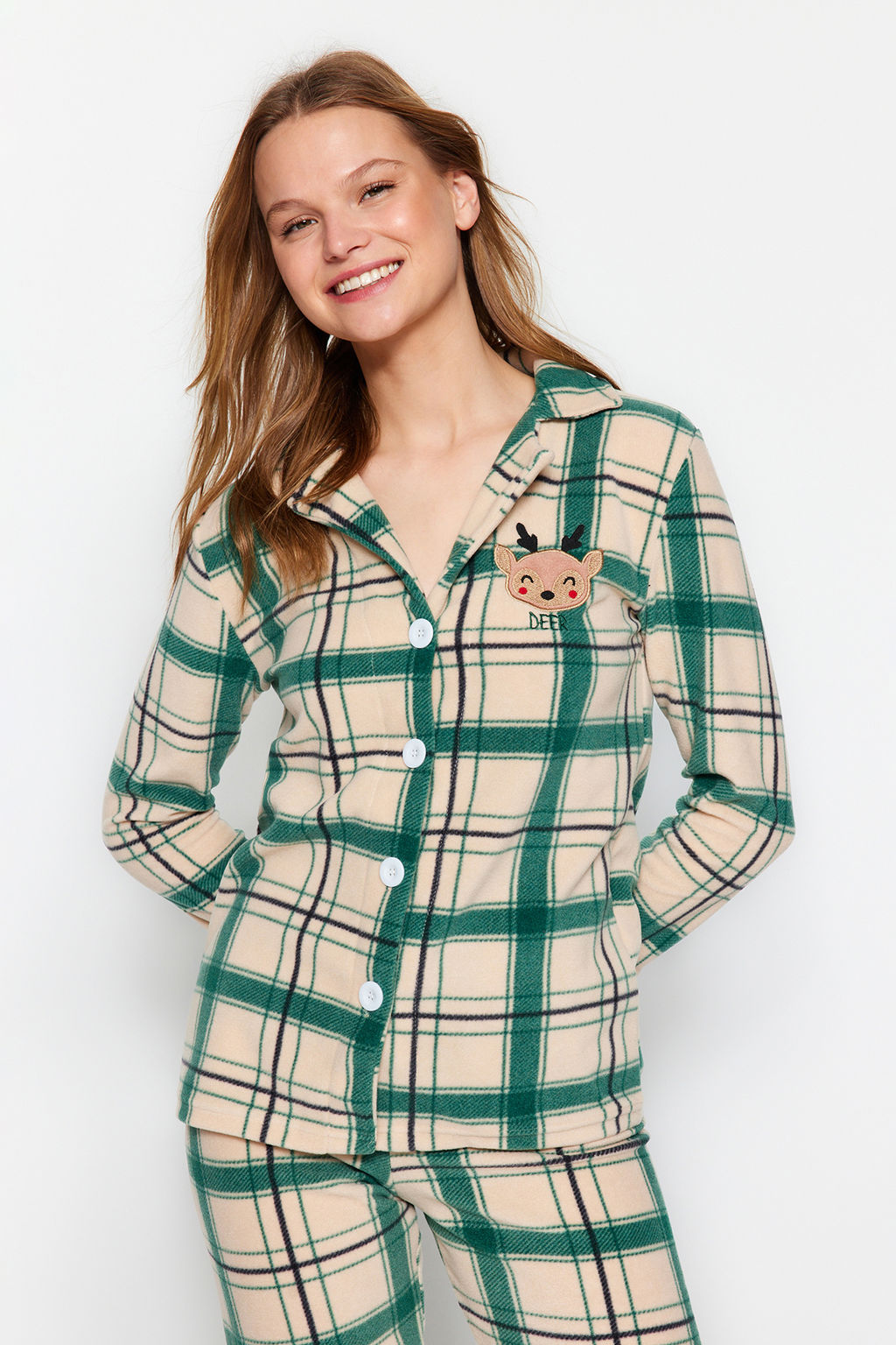 Trendyolmilla Yesil Nak?sl? Ekoseli Polar K?sl?k Orme Pijama Tak?m? THMAW24PT00175  фото 2