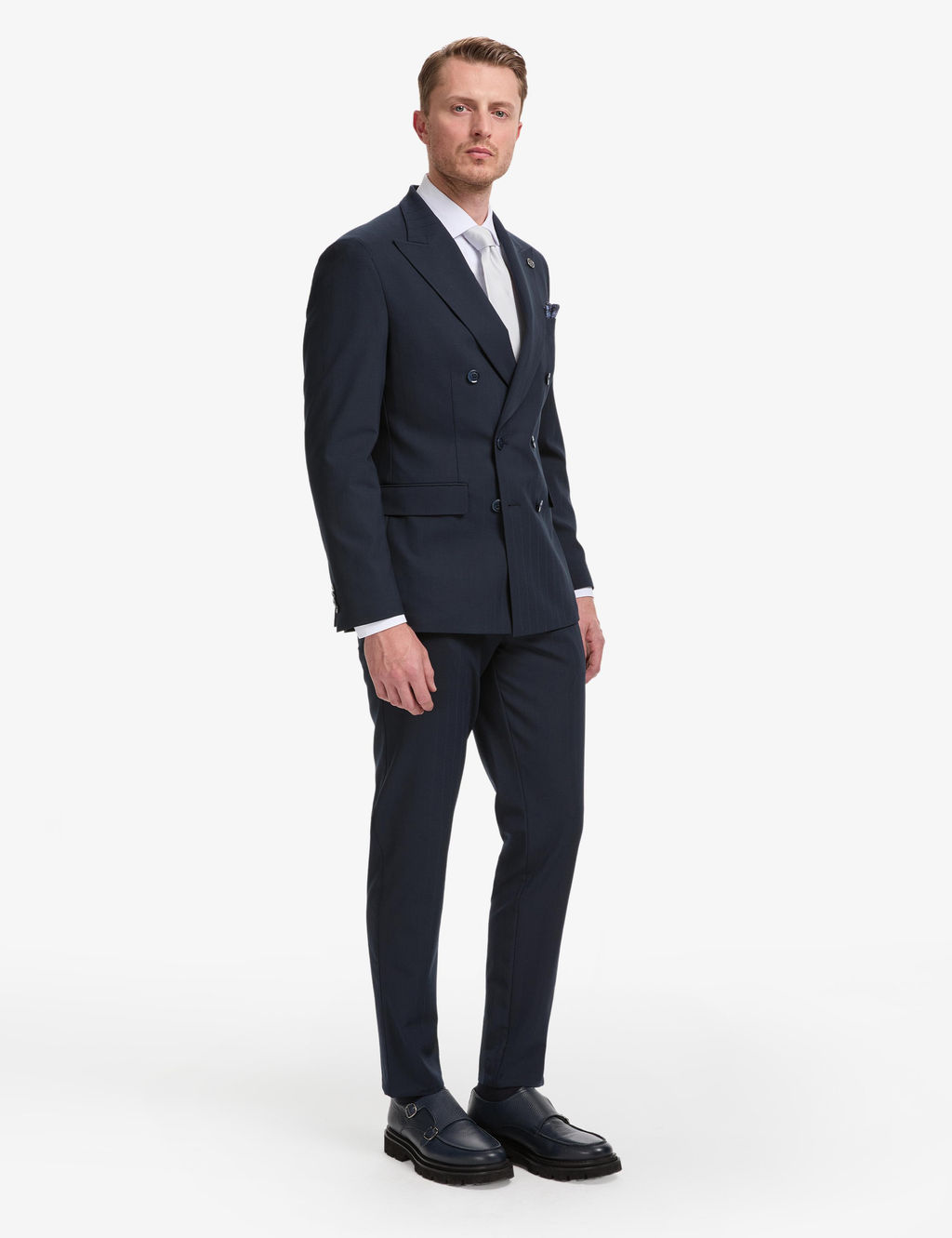 Lacivert Ex. Slim Fit _izgili Kruvaze Tak_m Elbise