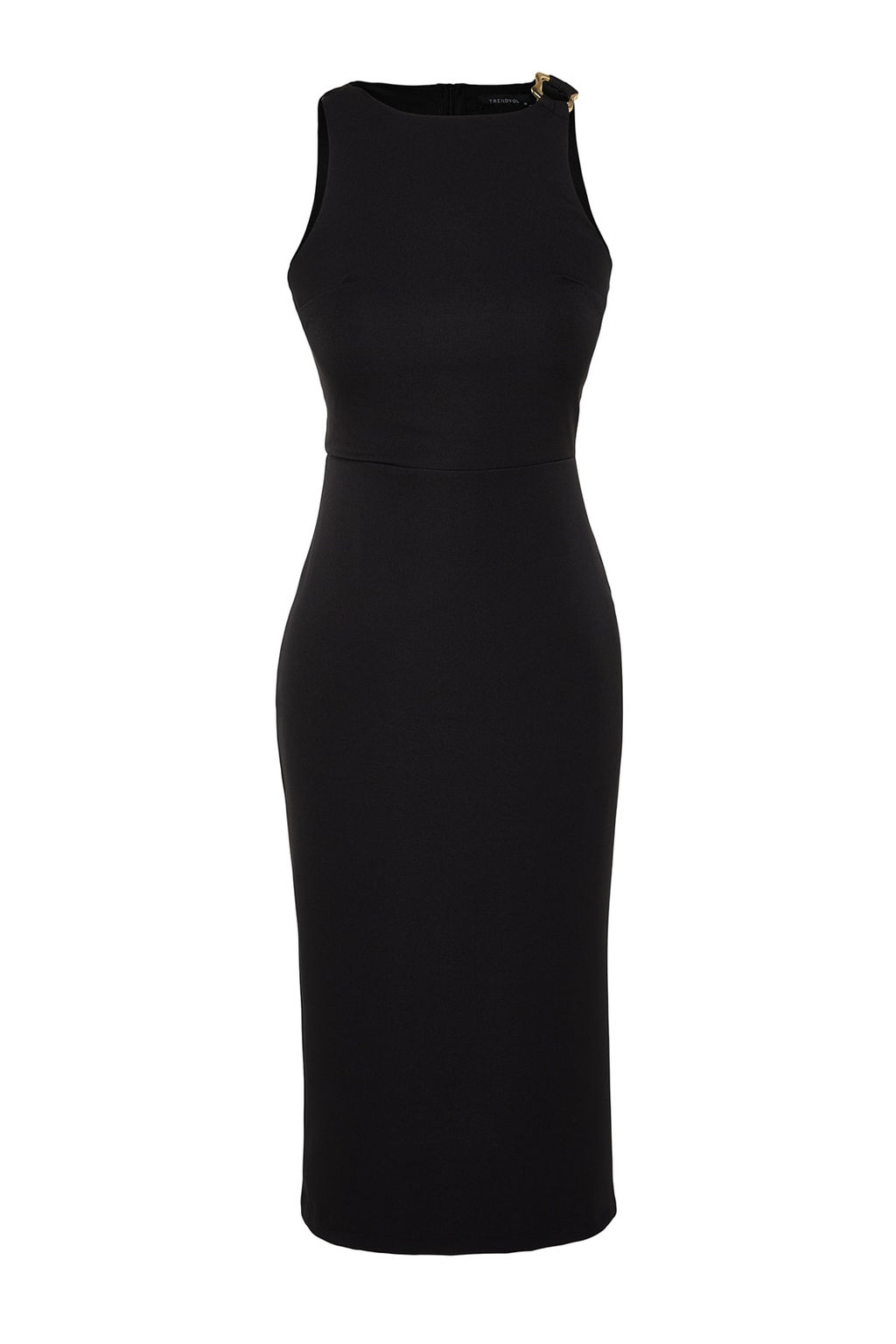 Siyah Vucuda Oturan Yakas? Aksesuar Detayl? Midi Kalem Etek Dokuma Elbise TWOSS23EL02115