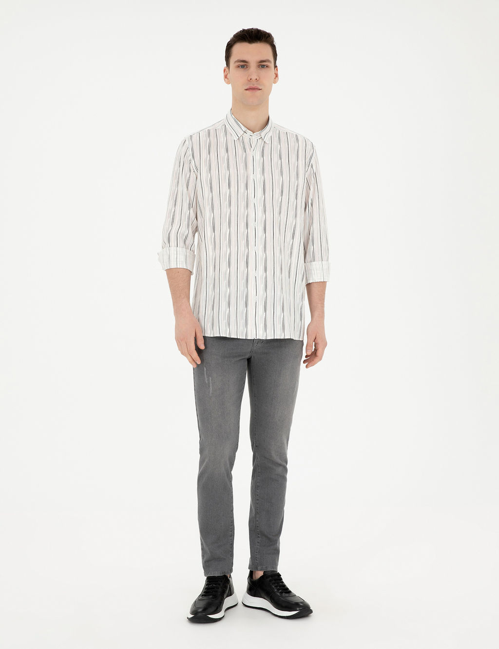Siyah Keten Kar___ml_ Slim Fit Uzun Kollu G_mlek