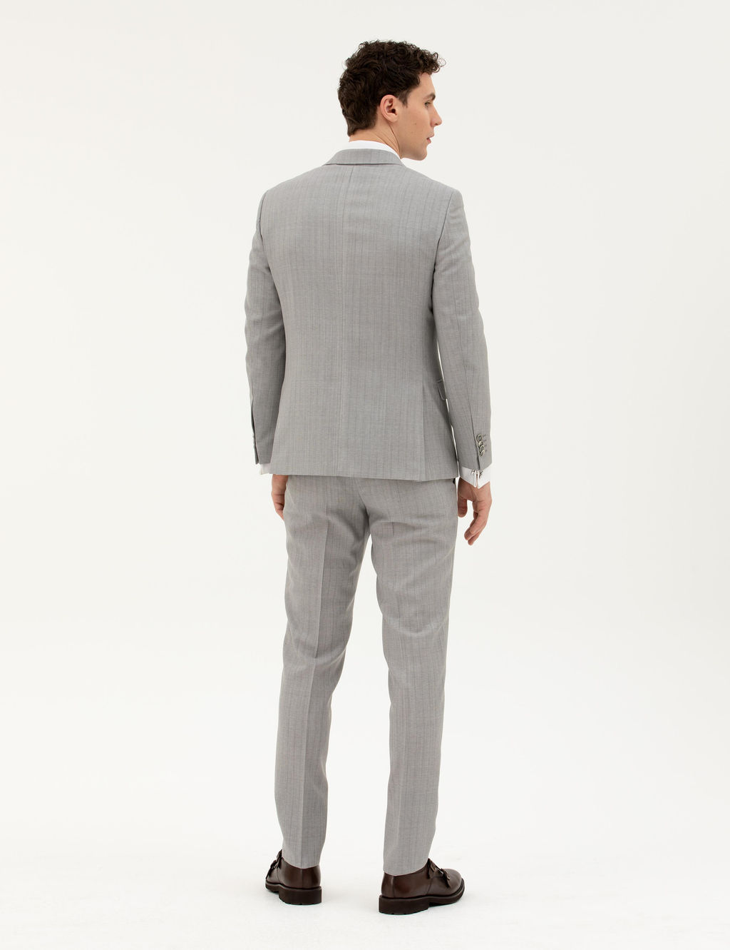 Gri Ex. Slim Fit %100 Y_n _izgili Tak_m Elbise