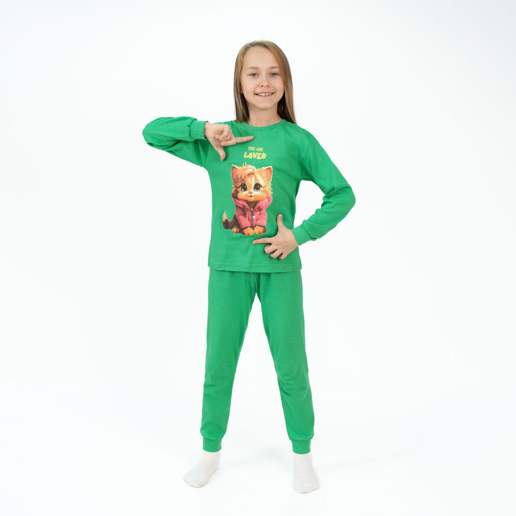 Пижама детская зеленая кошка ПЖ-1818 (152, 80)