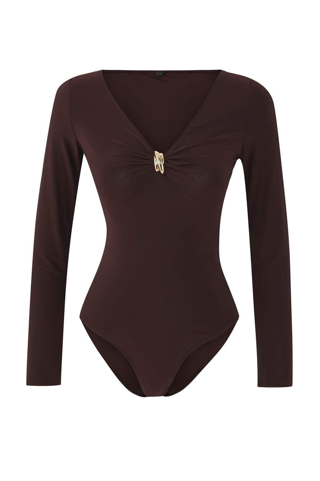 Kahverengi Aksesuar Detayl? V Yaka Vucuda Oturan Esnek Orme Alttan C?tc?tl? Body TWOAW26BD00002