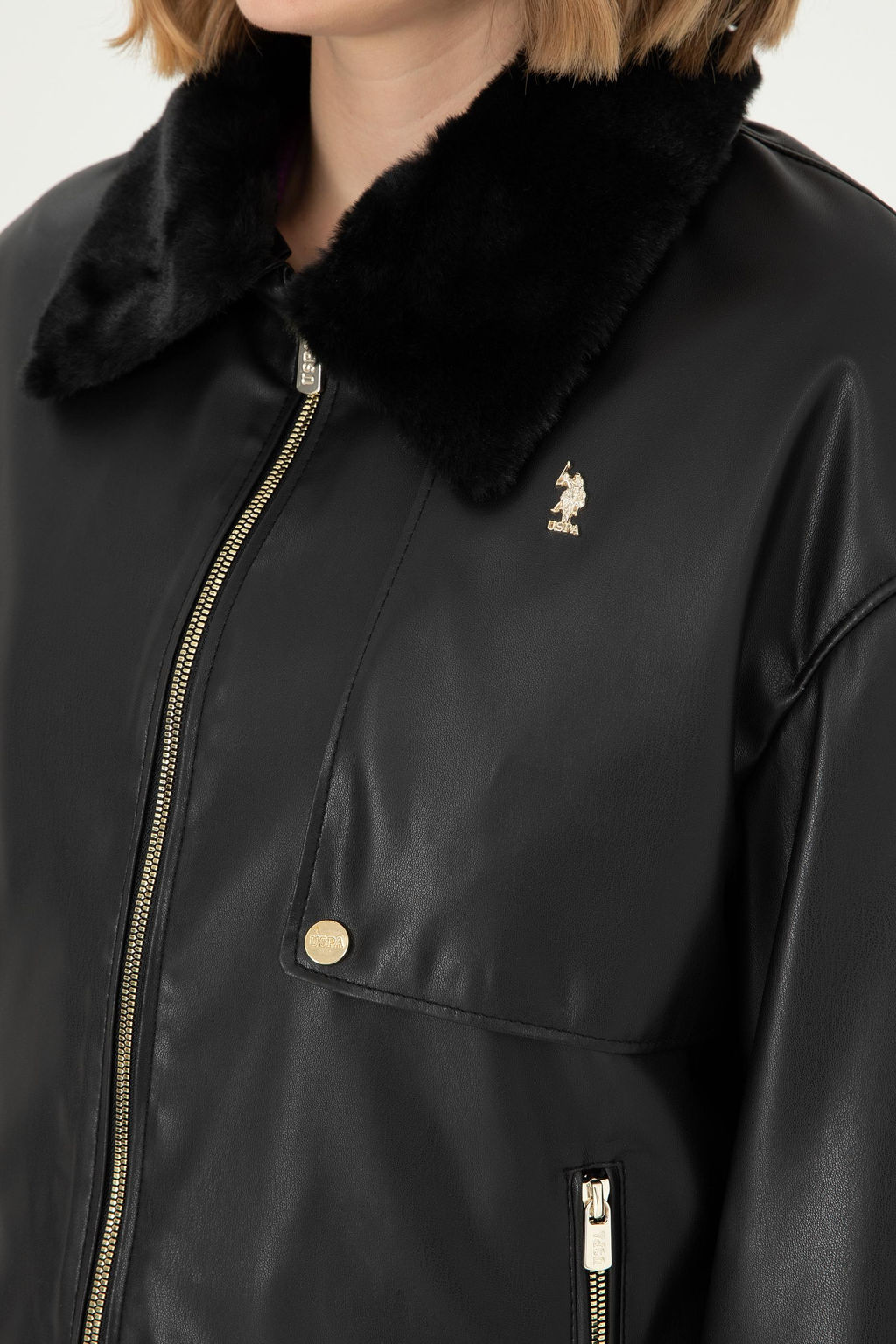 Женская черная кожаная куртка - U.s. polo assn фото 7