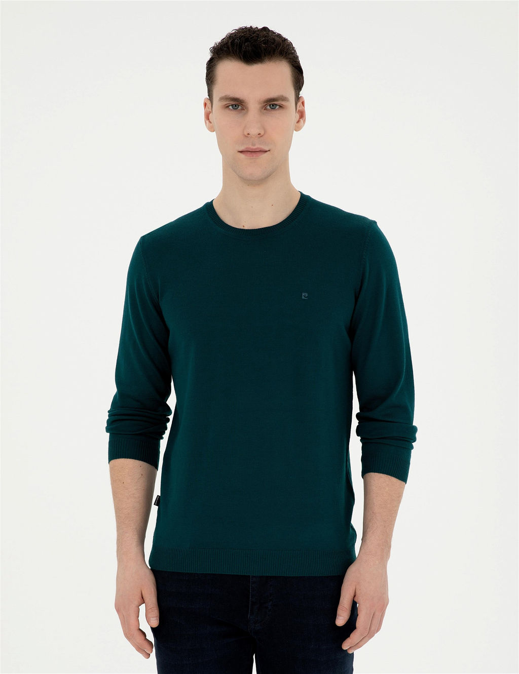 Ye_il Slim Fit Bisiklet Yaka Y_n Kar___ml_ Basic Triko Kazak