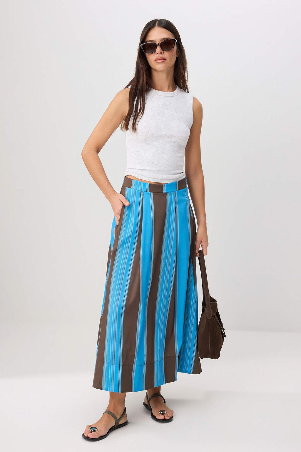 Kahverengi Mavi _izgili Evaze Uzun Maxi Poplin Etek TWOSS26ET00172 - Trendyolmilla фото 3