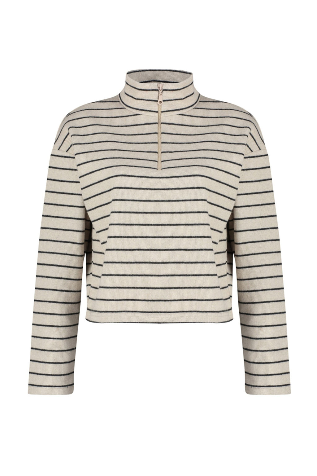 Ac?k Bej Cizgili Selanik Fermuarl? Dik Yaka Regular/Normal Kal?p Orme Sweatshirt TWOAW22SW0732