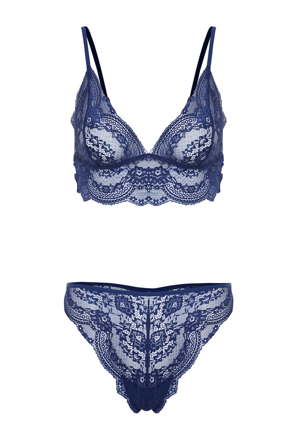 Lacivert Dantelli Ip Ask?l? Balensiz Kaps?z Orme Ic Camas?r? Tak?m? THMSS24CC00030