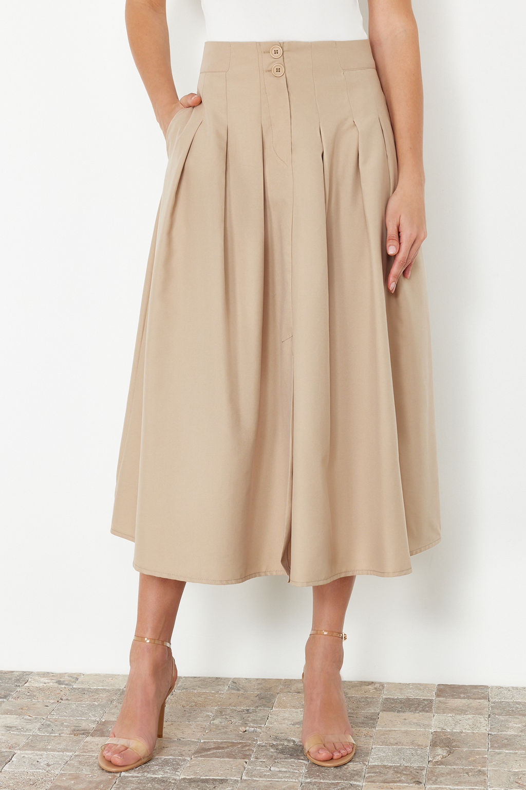 TRENDYOLMILLA Bej Pile Detayl? Onden Dugmeli Midi Boy Dokuma Etek TWOSS24ET00169  фото 2