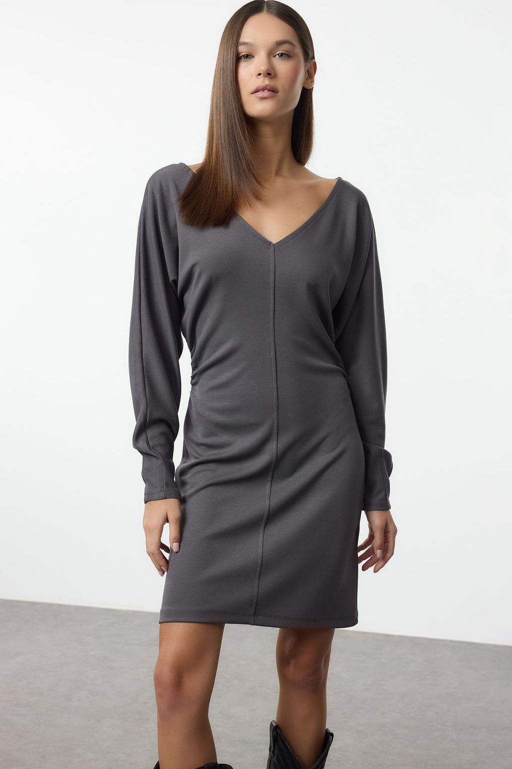 Antrasit Bodycone/Vucuda Oturan Mini Orme Elbise TWOAW25EL00444 - Trendyolmilla фото 2